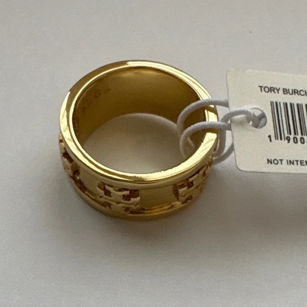 Tory Burch Miller Stud Ring Gold Tone Wide Band Logo Size 7 New